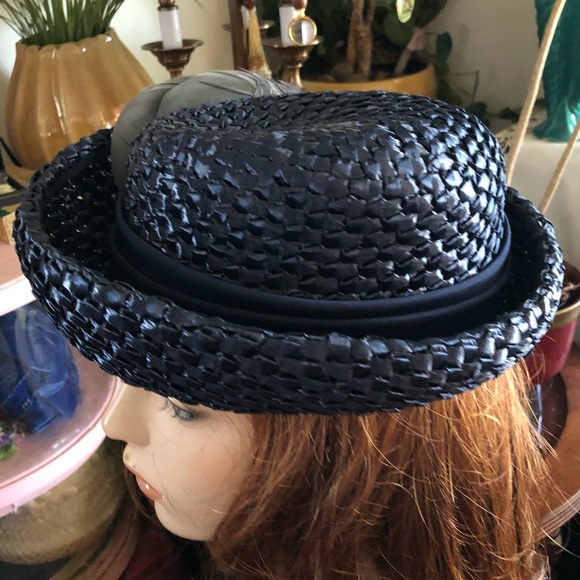 Vintage Blue Raffia Straw Hat w Feathers